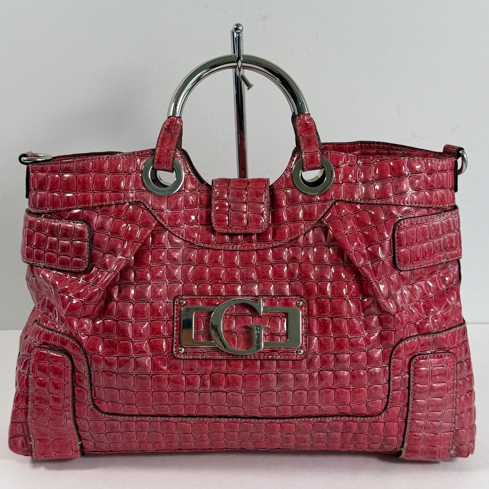 Vintage Y2K Guess Satchel Tote Pink Croc Embossed Patent Bag Large Purse
